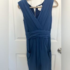 100% silk v-neck dress with polyester lining, cornflower blue, with zipper back